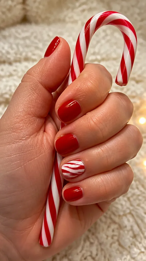 short red nails with one red and white candy cane stripe accent