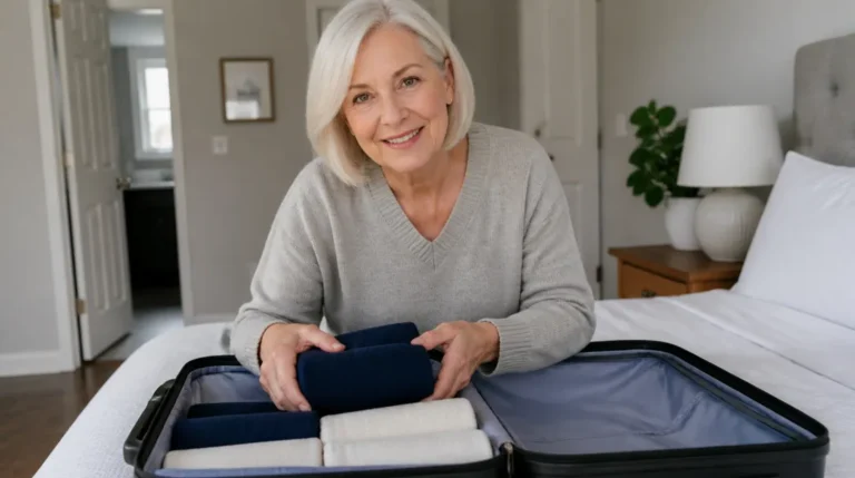 woman in her fifties packing folded clothes into a carry-on suitcase on a bed