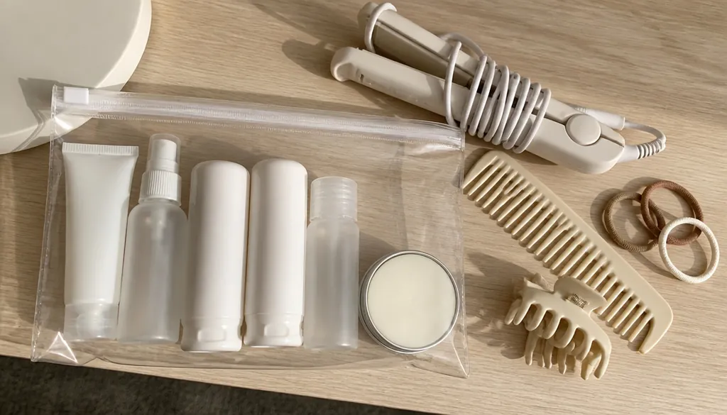 clear quart-size bag with unlabeled travel bottles, a shampoo bar and a folded flat iron