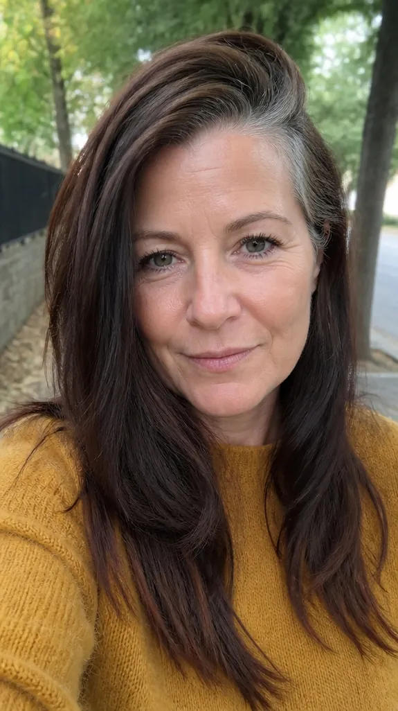 woman in her fifties with a deep side part and gray coming in at the roots