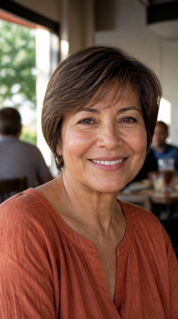 Latina woman over 50 with a chestnut brown bixie haircut