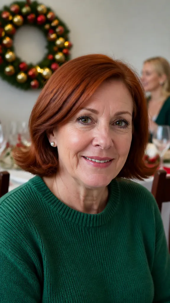 woman in her fifties with a chin-length auburn bob with flipped-out ends