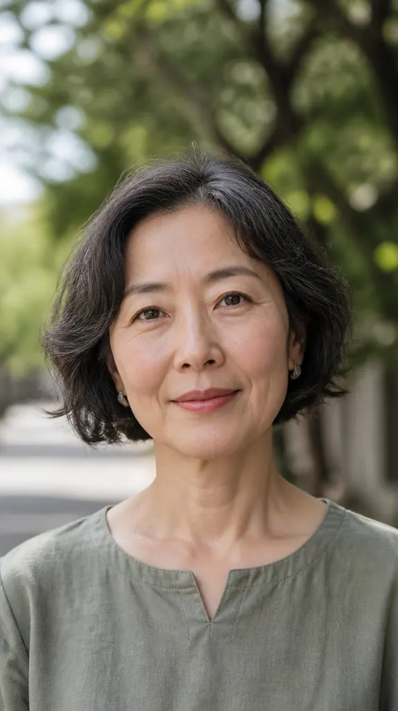 East Asian woman over 50 with a chin-length wavy bob on fine hair