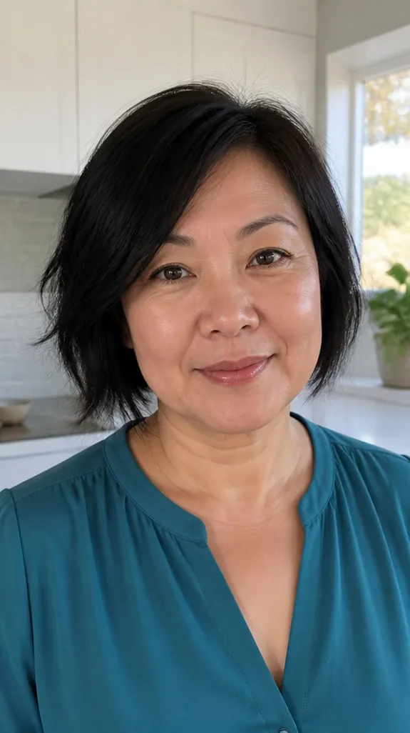 woman in her fifties with a round face and a choppy bob with textured ends