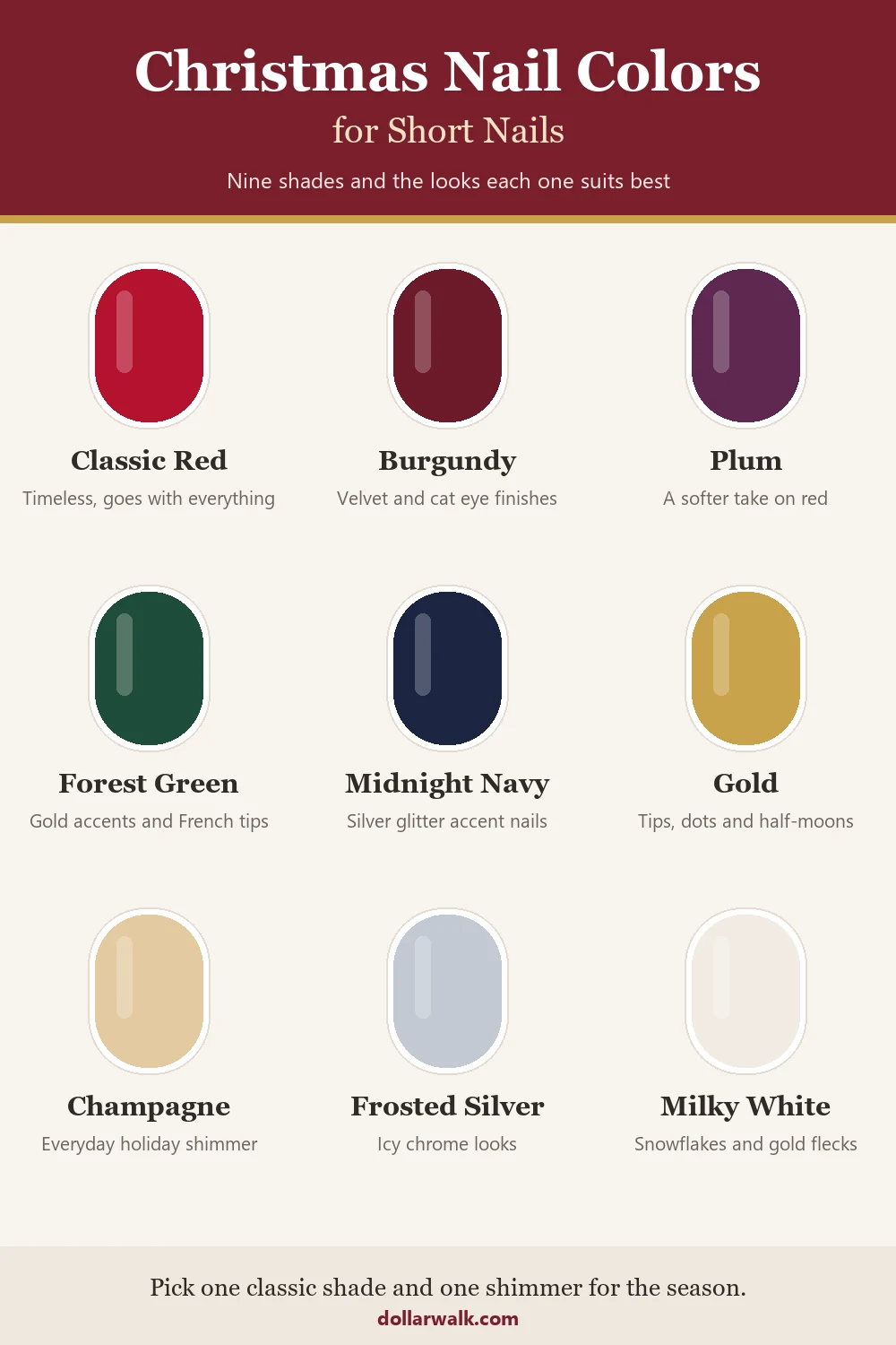 Christmas nail color guide for short nails with swatches of red, burgundy, plum, forest green, navy, gold, champagne, silver and white