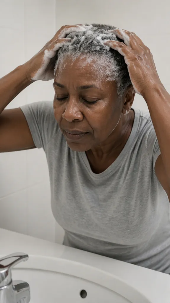 woman in her fifties lathering shampoo into her gray hair at a bathroom sink
