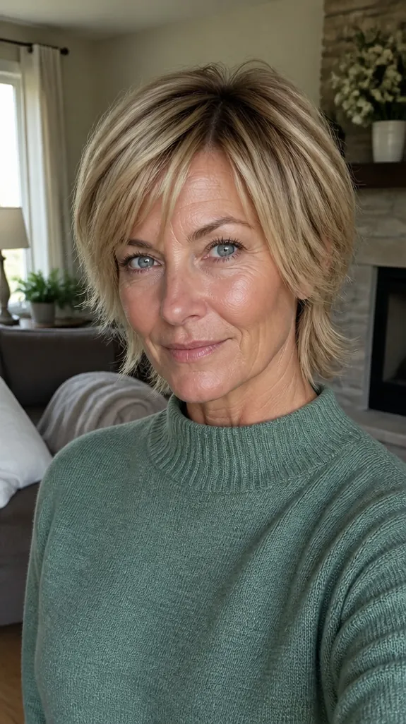 woman in her fifties with a classic bixie haircut