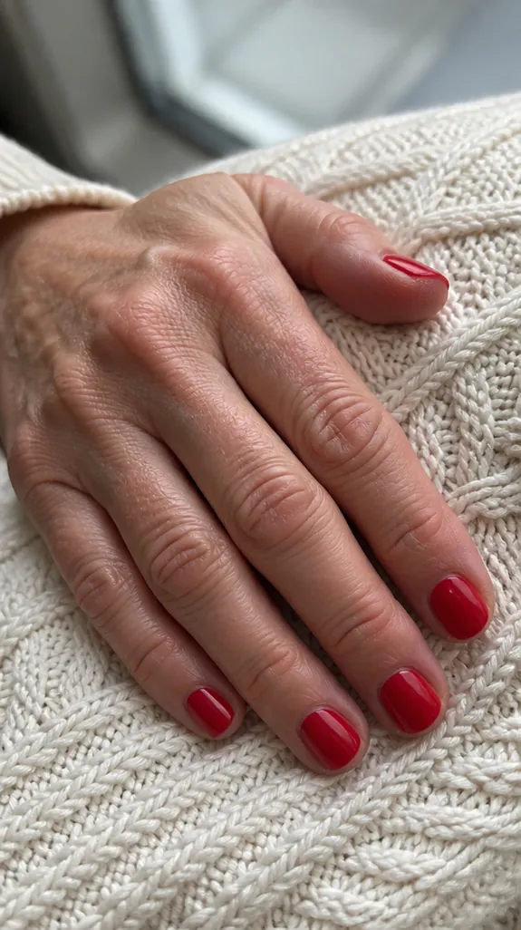 short rounded nails painted glossy classic red on a woman's hand