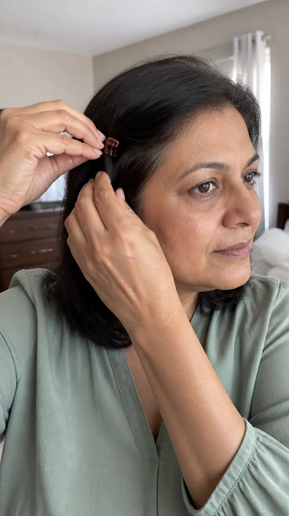 woman in her fifties pinning the side of her short hair back with a small clip