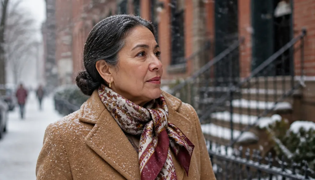 woman in her fifties with a low bun and a silk scarf on a cold, windy city street