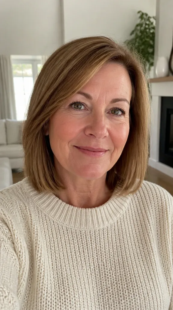 woman in her fifties with fine hair cut into a collarbone-length blunt lob