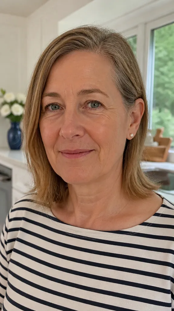 woman in her fifties with a collarbone cut tucked behind one ear
