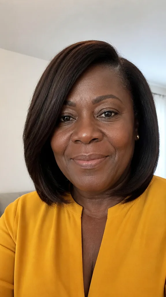 woman in her fifties with a round face and a collarbone-length lob with a deep side part