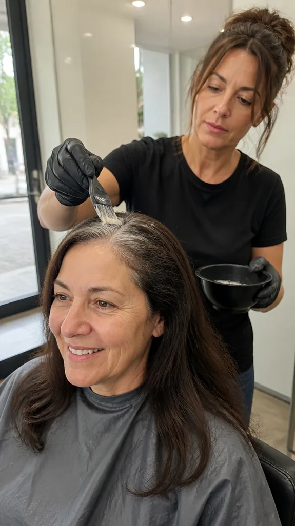 colorist applying a treatment to a woman's hair in a salon