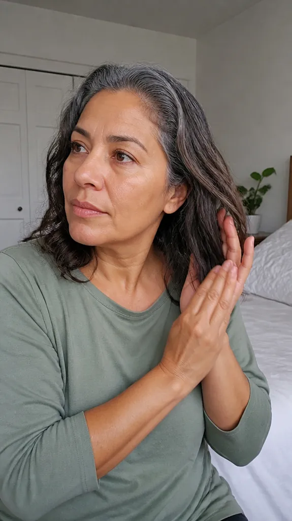 woman in her fifties smoothing oil over the ends of her gray hair