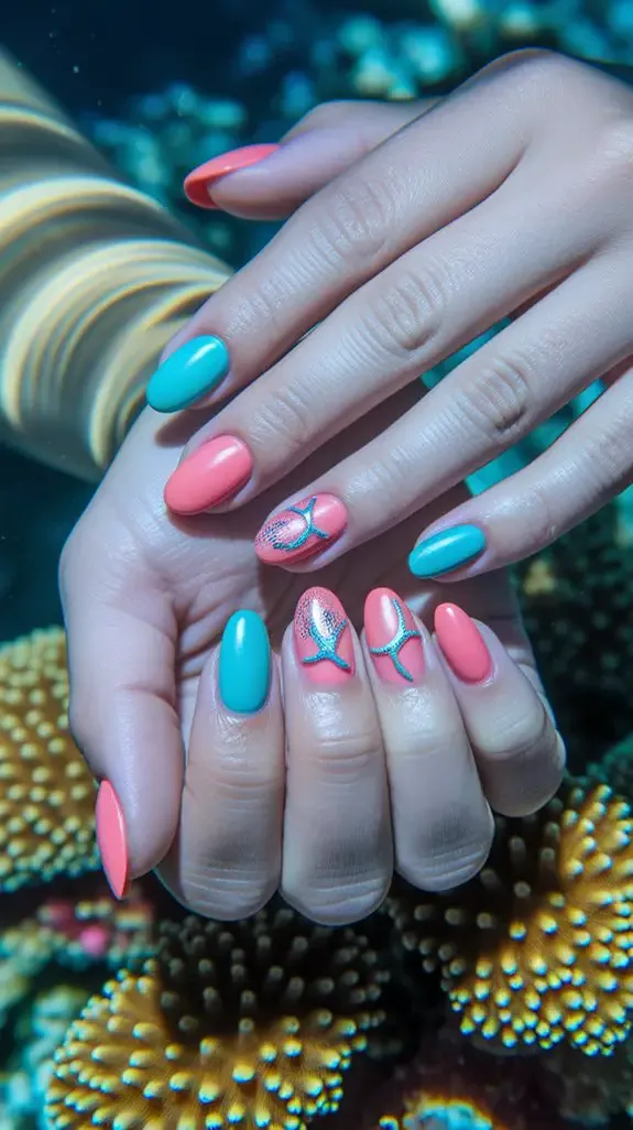 coral and aqua reef-inspired nails held over coral