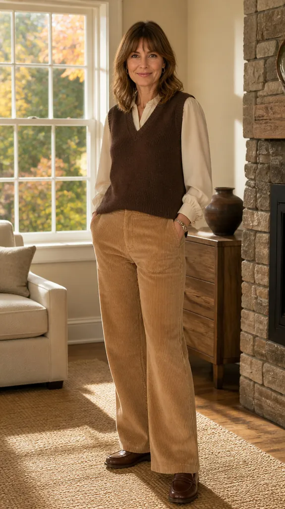 woman in her fifties wearing camel corduroy pants and a cream blouse