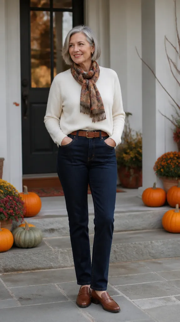 woman in her fifties in a cream sweater, dark jeans and loafers