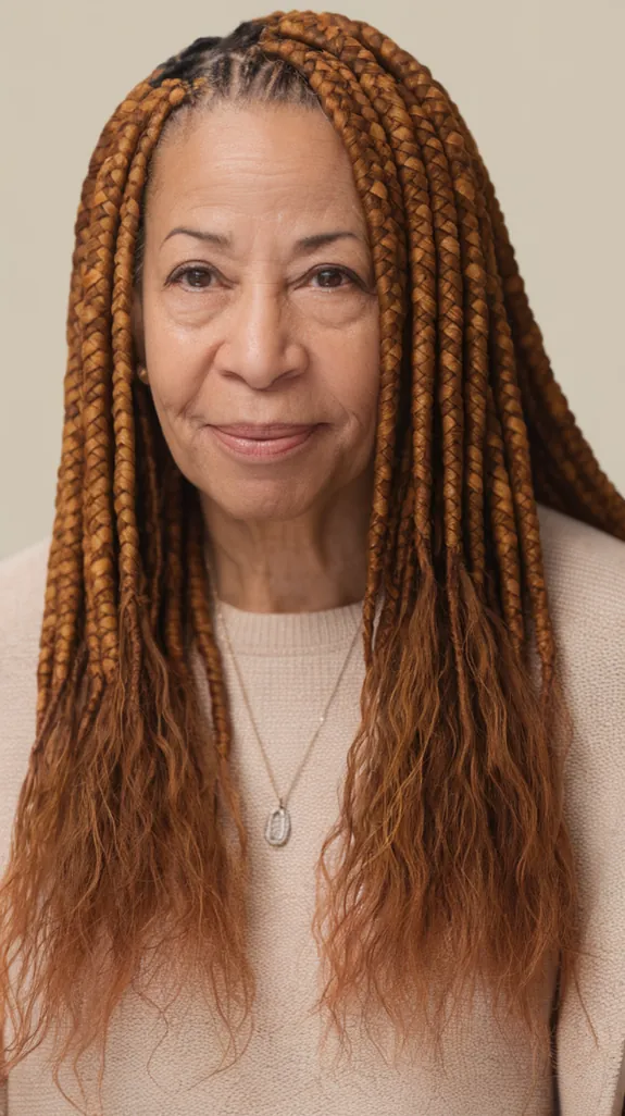Black woman over 50 with copper crochet braids and wavy ends