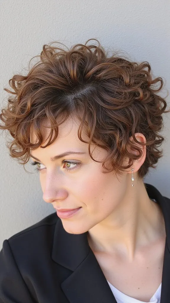 woman with a layered auburn curly bixie