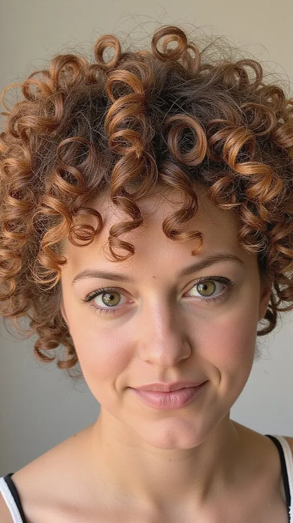 woman with a copper curly bixie with defined ringlets