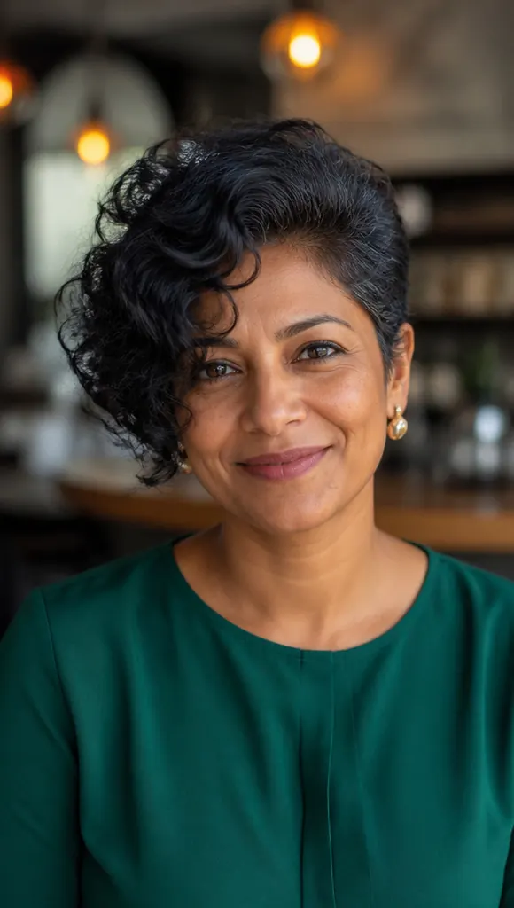 South Asian woman with a curly bixie and a deep side part