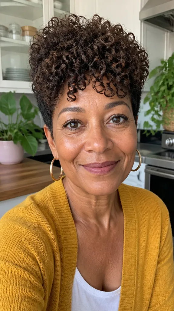 woman in her fifties with a curly bixie with defined curls on top