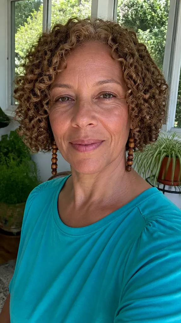 woman in her fifties with a curly bob at jaw length