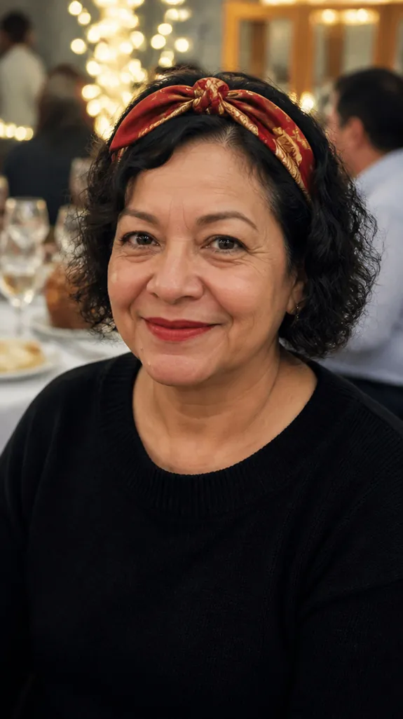 Latina woman in her fifties with a curly bob and a silk scarf tied as a headband