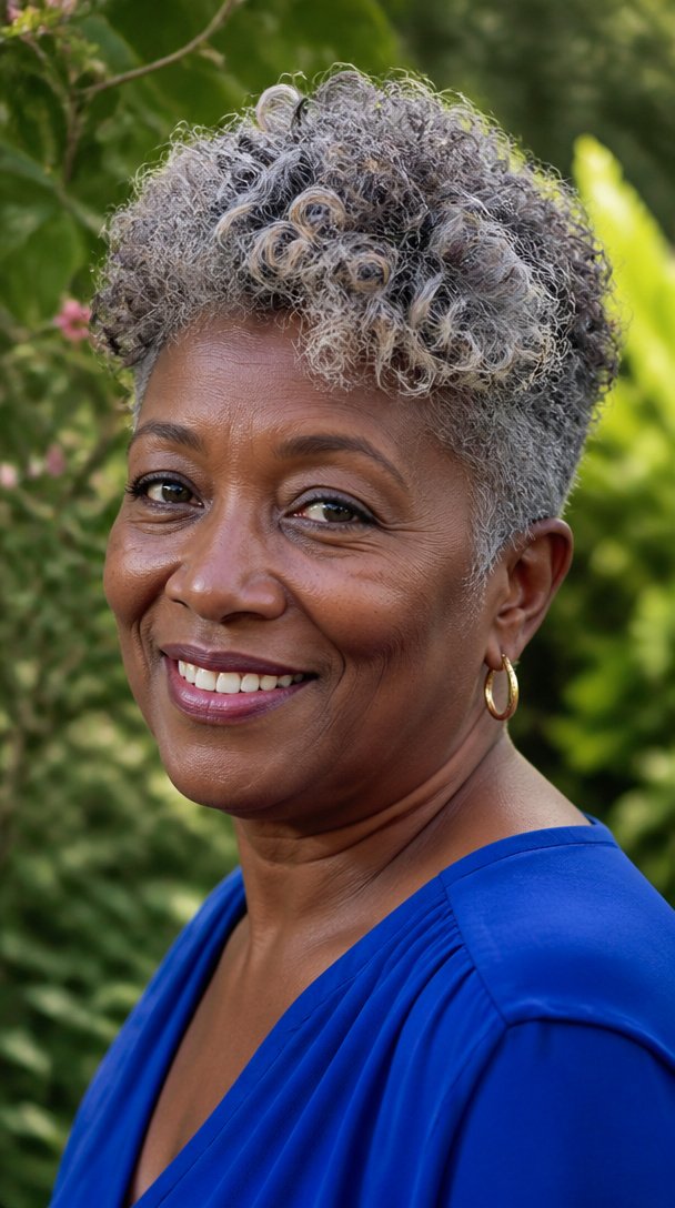 Black woman over 60 with a curly gray bixie haircut