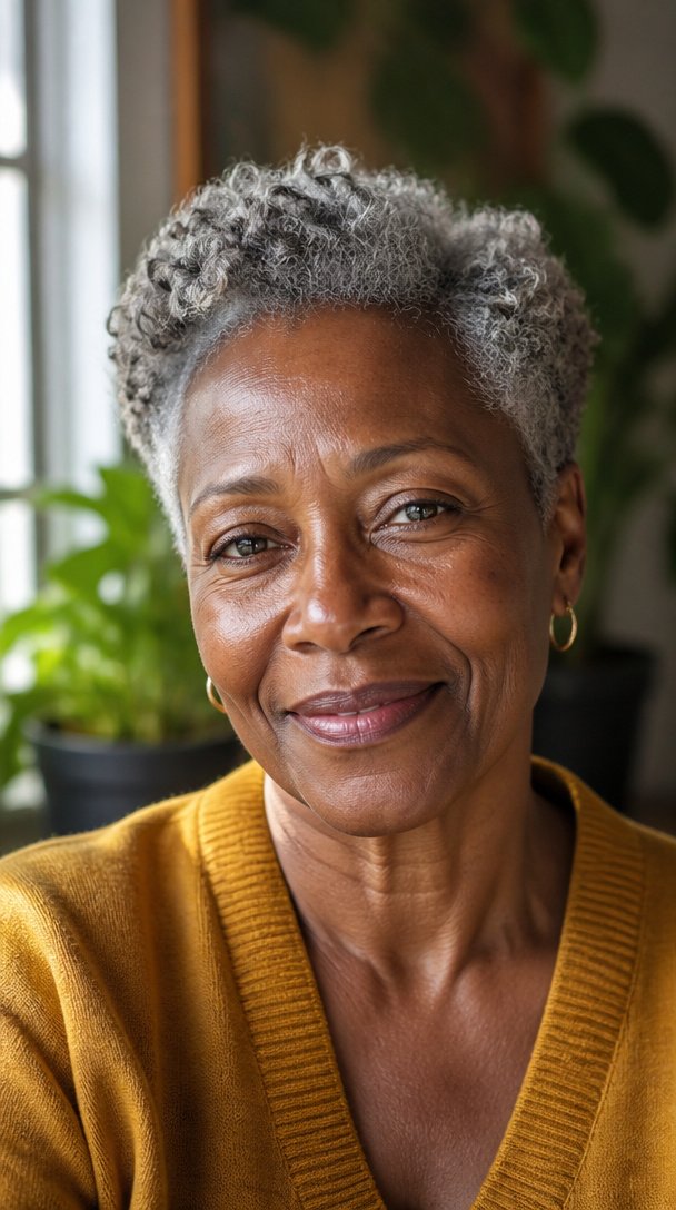 short curly pixie on an older Black woman with natural gray curls