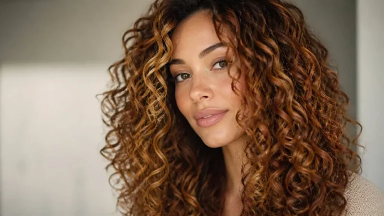 woman with long curls in warm brown and caramel tones