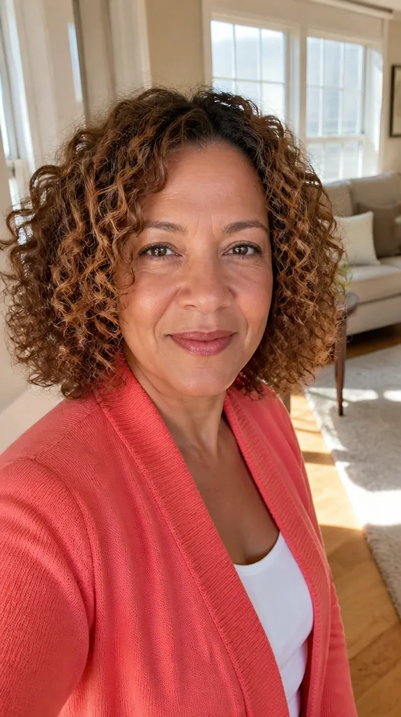 woman in her fifties with a round face and a curly lob with defined ringlets