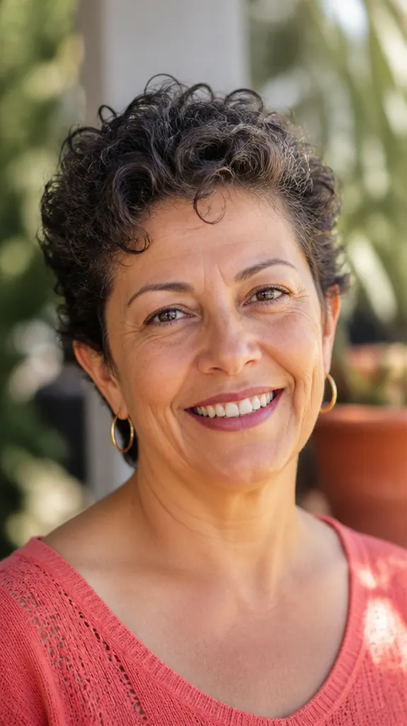 Latina woman over 50 with a curly pixie on fine curls