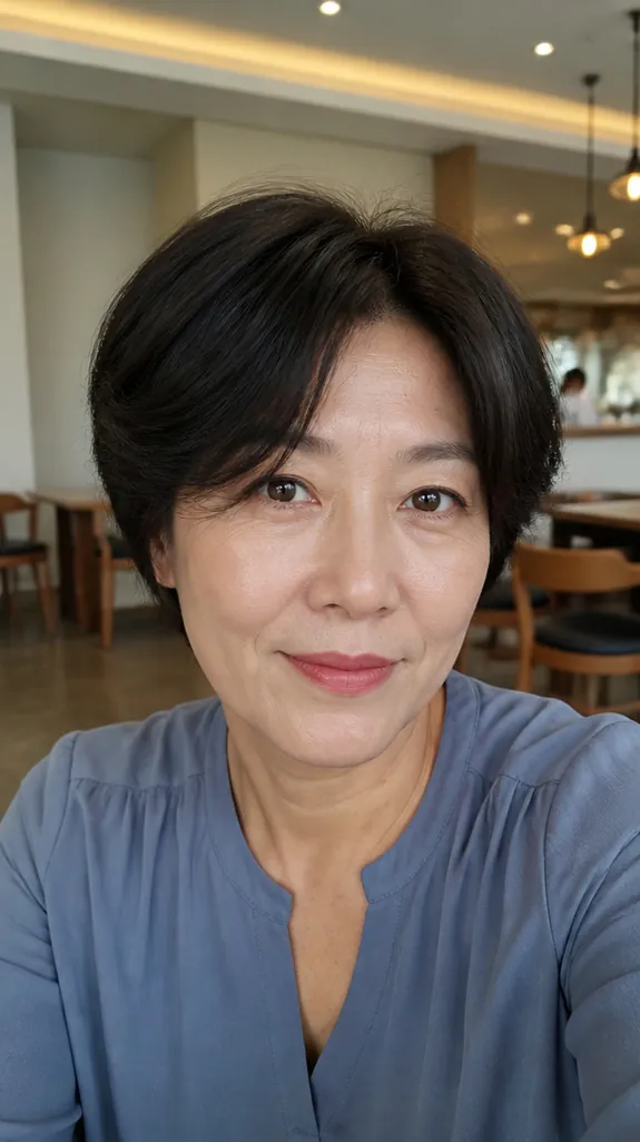 woman in her fifties with a black bixie cut and curtain bangs