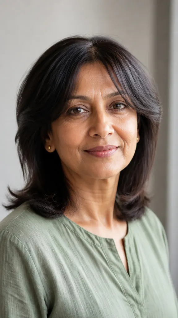 South Asian woman over 50 with a collarbone cut and curtain bangs