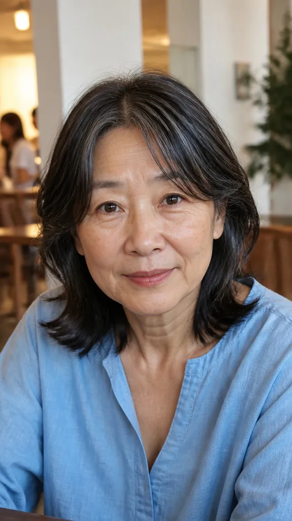 woman in her sixties with a shag and curtain bangs