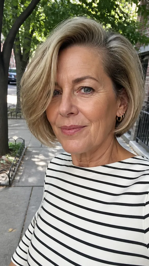 woman in her fifties with short hair and a deep side part