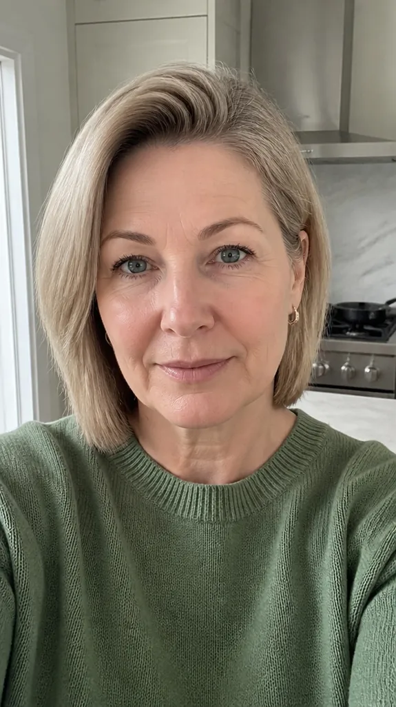 woman in her fifties with a deep side part adding lift at the roots