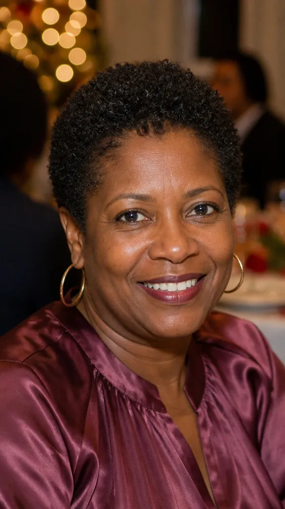 Black woman in her fifties with a short natural cut of defined coils and gold earrings