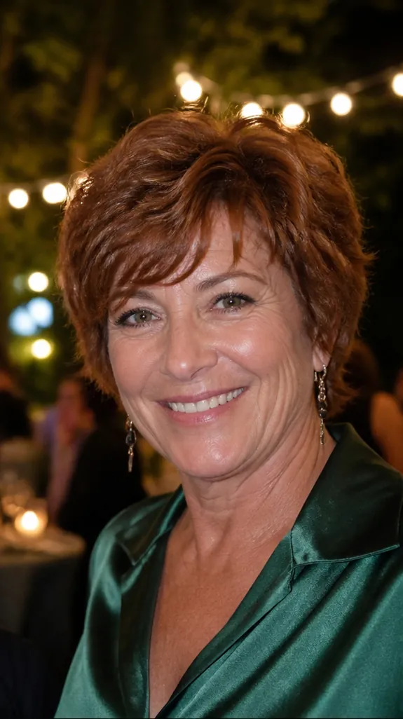 woman in her fifties with defined waves on a short layered shag