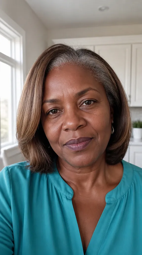 woman in her fifties with faded brown hair and gray roots blending in