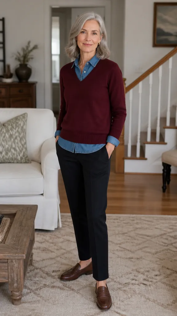 woman in her fifties in a denim shirt under a burgundy V-neck sweater