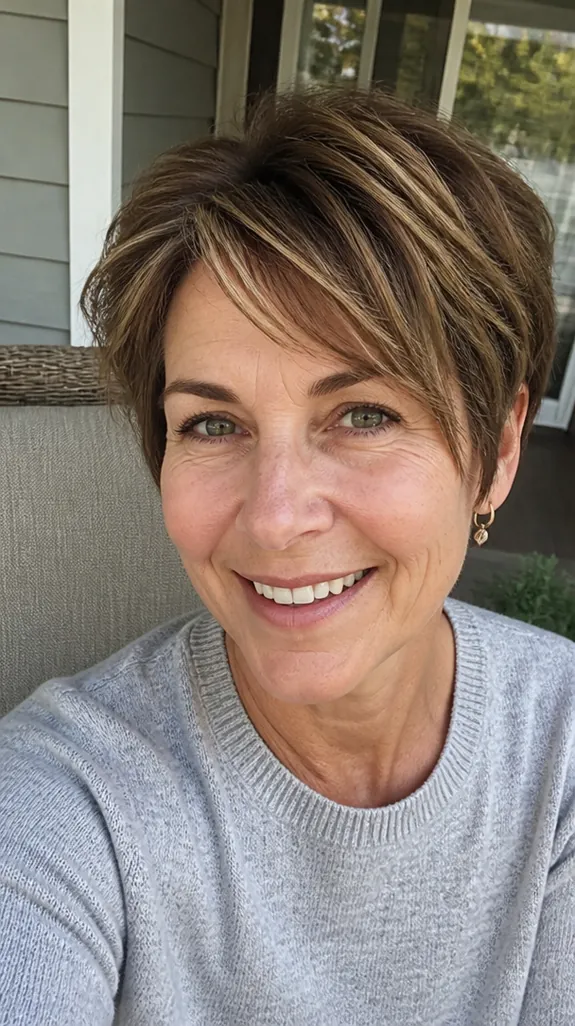 woman in her fifties with a bixie cut with honey highlights