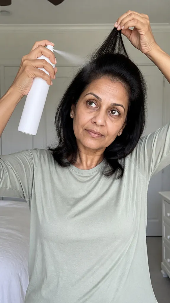 woman in her fifties spraying dry shampoo at the roots of her hair