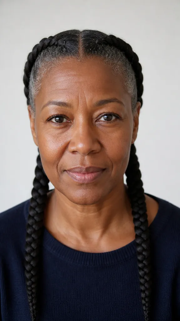 Black woman over 50 with two Dutch braids