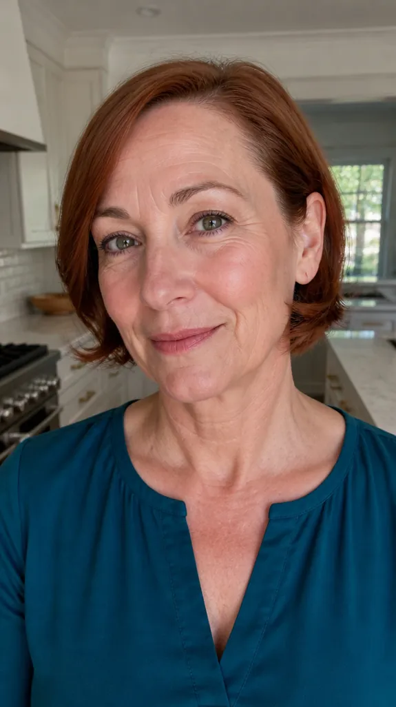 woman in her fifties with an ear-length graduated bob with flipped ends
