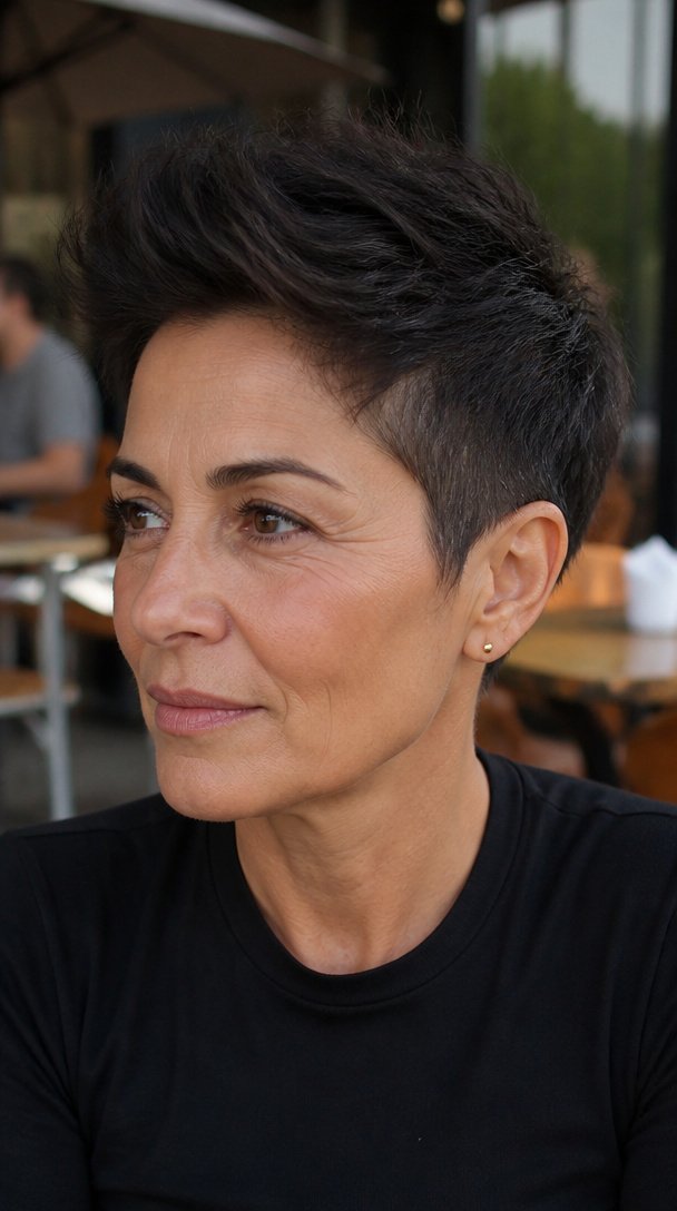 disconnected pixie with cropped sides and a longer textured top on a woman over 50