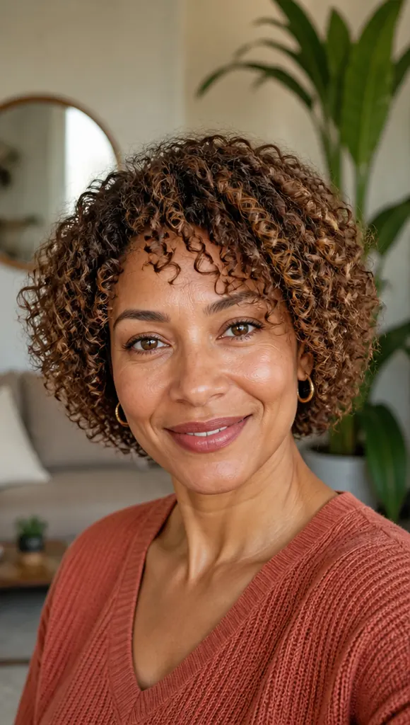 mixed-race woman with a chin-length elongated bixie on 3A curls