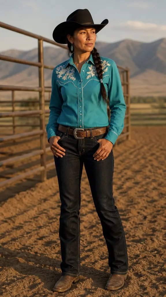 Native American woman in a turquoise embroidered western shirt and black cowboy hat
